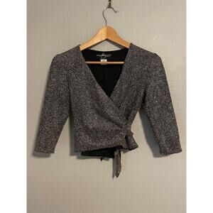 JS Collections Petite Shirt Womens Small Black Wrap 3/4 Sleeve Metallic Shimmer